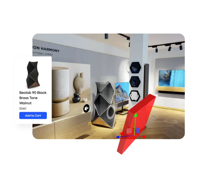 A showroom space overlaid with a Treedis 3D polygon hotspot tool, showing how products like speakers can be made interactive with click-to-cart options within a Matterport digital twin