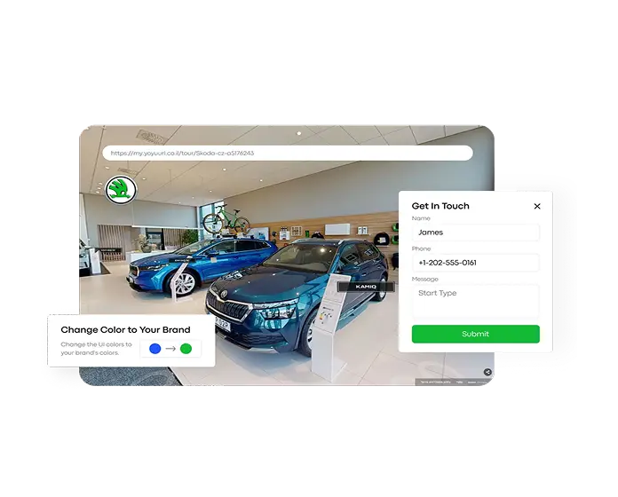 Branded virtual car showroom using Treedis, featuring a custom favicon, brand color selector, and contact form embedded in a Matterport digital twin interface.