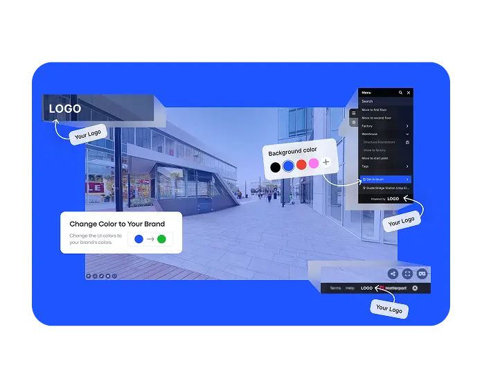 Customizable virtual tour interface in Treedis showing brand logo placement and color settings for consistent branding across Matterport environments.