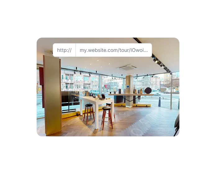 Showcase your branded virtual tour with a custom domain using Treedis — this image displays a Matterport digital twin of a  store experience hosted on a personalized website URL.